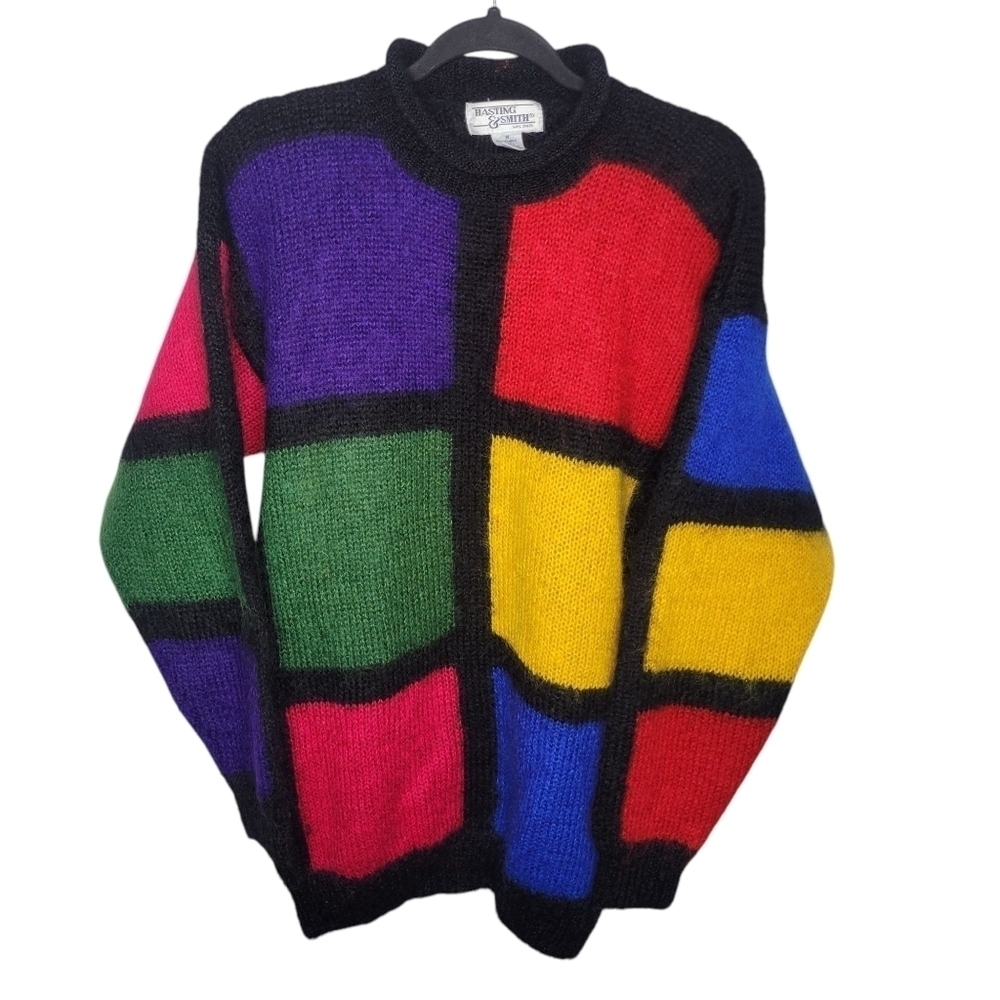Vintage 80s Hasting and Smith Colorblock Mohair Knit Sweater Medium